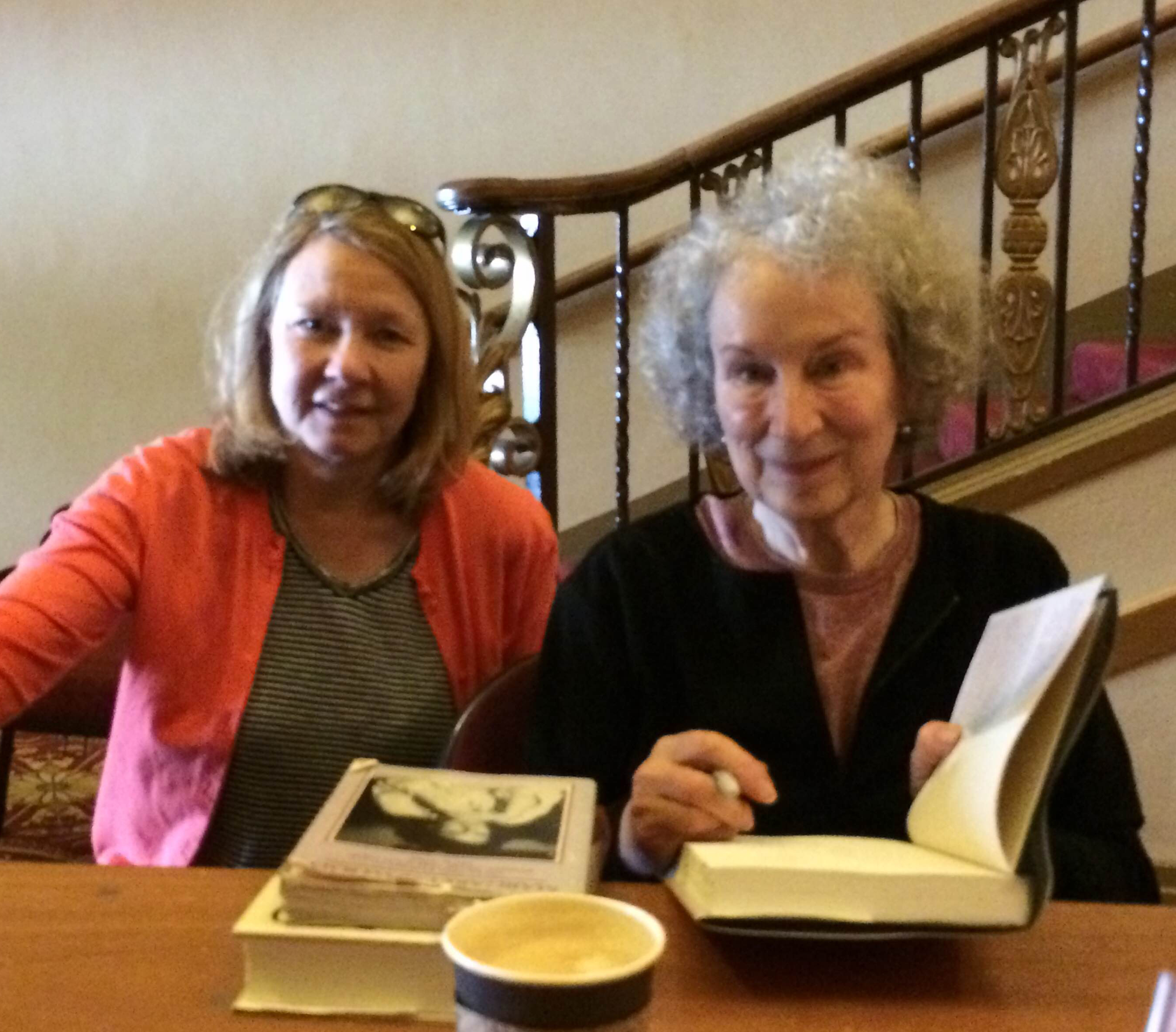 Margaret Atwood signing The Heart Goes Last for fangirl-novelist Meg Waite Clayton