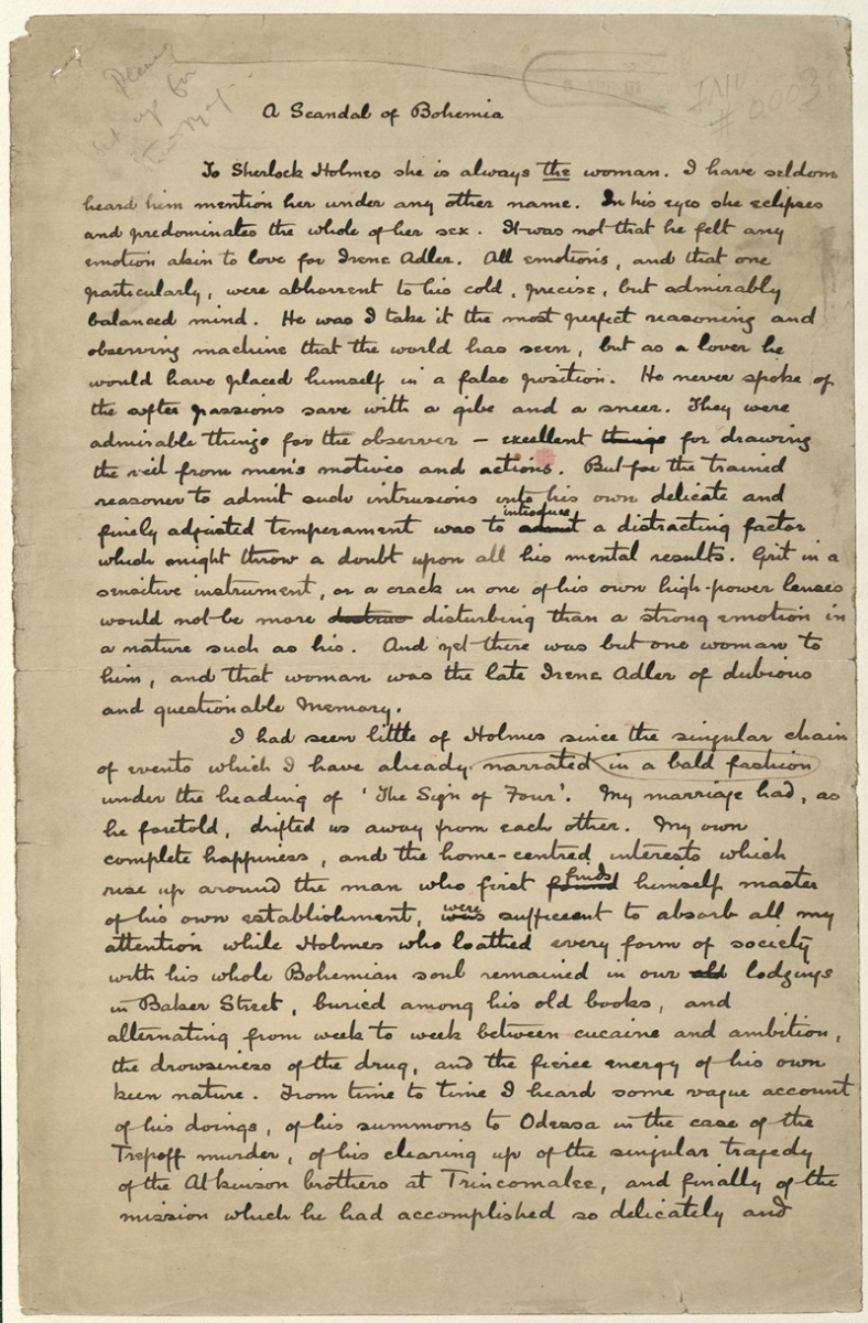 Handwritten draft of A Scandal in Bohemia by Sherlock Holmes